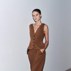 ZARA ZW Collection Linen Blend Vest XS Brown Sustainable Cotton Chic Minimalist